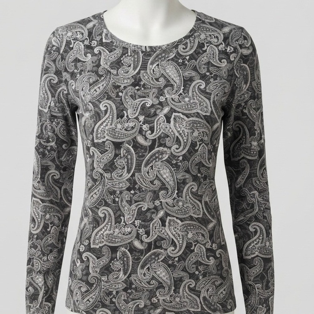 Hannah Womens Long Sleeve Paisley Print Crew Neck Top Gray Black White Small